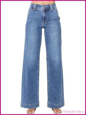 High Rise Wide Leg Straight Jeans Tummy Control Stretch Denim
